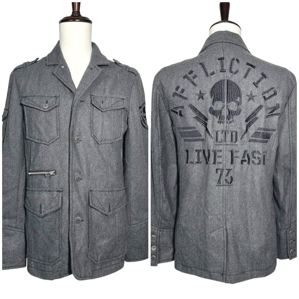 Affliction | Men | Charcoal Gray Wool Blend Embroidered Military Jacket | Large